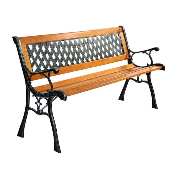 ANGELES HOME 3-Person Cast Iron Patio Wood Outdoor Bench