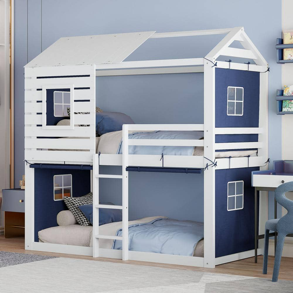 Harper & Bright Designs Blue Twin Over Twin Wood Frame House Bunk Bed ...