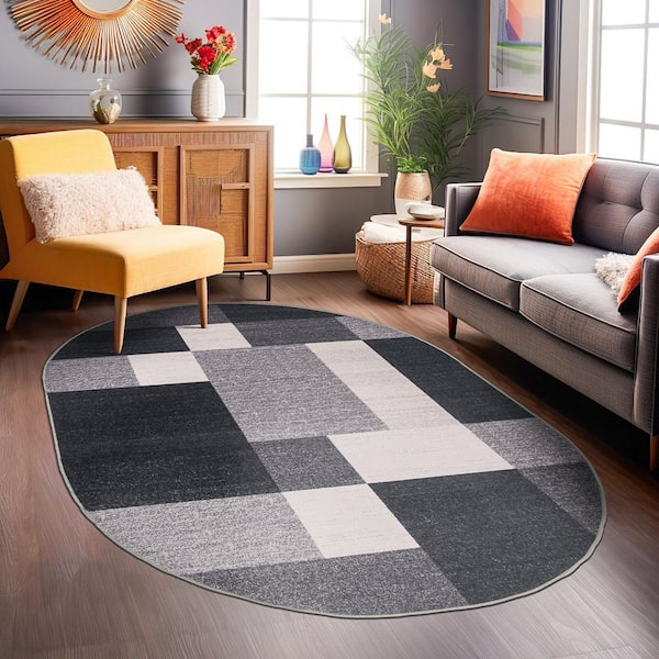 Geometric Boxes Design Non-Slip (Non-Skid) Gray 5 ft.  x 7 ft.  Oval Indoor Area Rug
