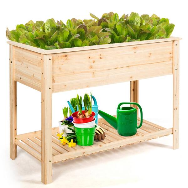 Costway 48 in. L x 22 in. W x 35.5 in. H Natural Fir Wood Rectangular Raised Bed Elevated Planter with Shelf