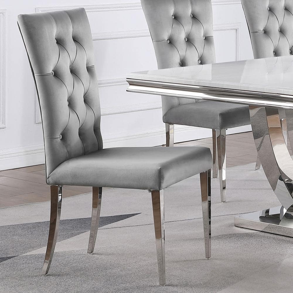 Elegant Grey Velvet Parsons Side Chair with Chrome Metal Legs