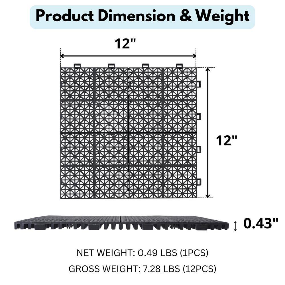 12 x 12 Inch Black Plastic Interlocking Waterproof Deck Tiles