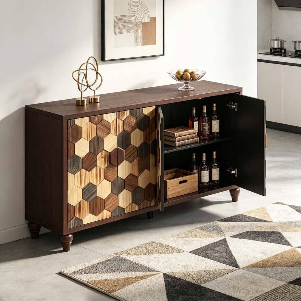 60 in. W Brown Wood Buffet for Dining Room, Sideboard Coffee Bar for Kitchen Living Room