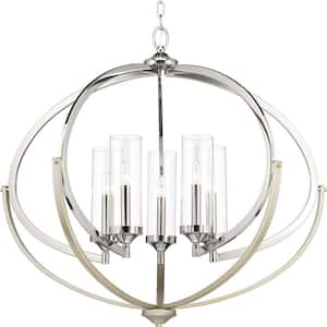 Evoke Collection 33-3/4 in. 5-Light Polished Nickel Clear Glass Luxury Transitional Pendant Chandelier Dining Light