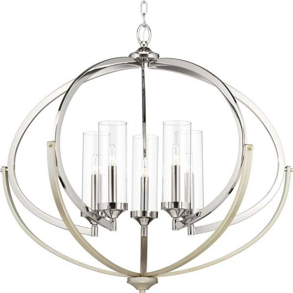 Evoke Collection 33-3/4 in. 5-Light Polished Nickel Clear Glass Luxury Transitional Pendant Chandelier Dining Light