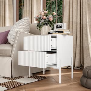 17.3 in. Width White Rectangle Wooden End Table, Nightstand with Wave Decorative Surface and 2-Drawers