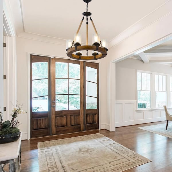 Rustic 6-Light Wood Wagon Wheel Chandelier Round Farmhouse Chandeliers for Dining Room with Seeded Glass Shades