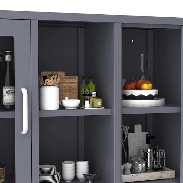 2-Shelf Gray Kitchen Pantry Organizer with Tempered Glass Doors,  Freestanding Kitchen Storage Cabinet