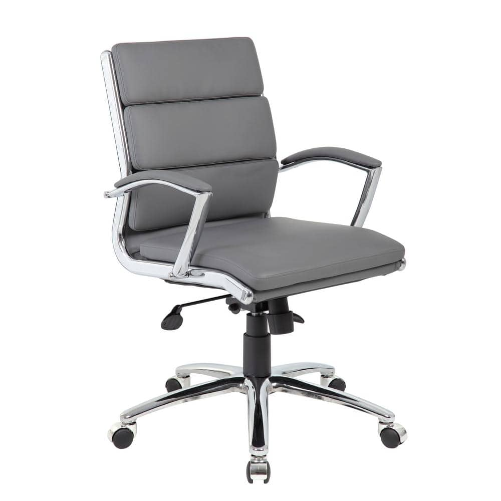 BOSS Office Products Gray Leather Mid-Back Executive Chair, Chrome ...