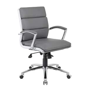 Gray Leather Mid-Back Executive Chair, Chrome Finish with Padded Arms