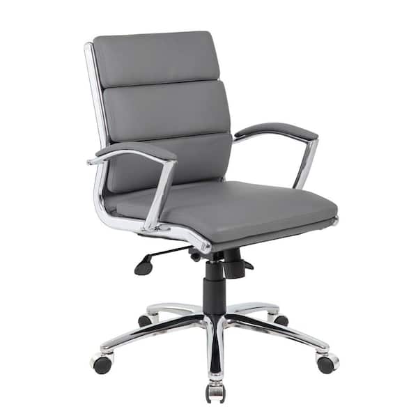 BOSS Office Products Gray Leather Mid-Back Executive Chair, Chrome Finish with Padded Arms