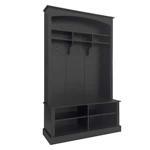 Black 3-in-1 Multi-Functional Hall Tree with 3-Hanging Hooks, Adjustable Shelves, and Storage Bench