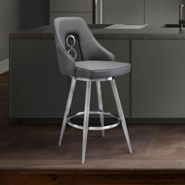 Armen Living Ruby Contemporary 26 in. Counter Height Bar Stool in Brushed Stainless Steel and Grey Faux Leather