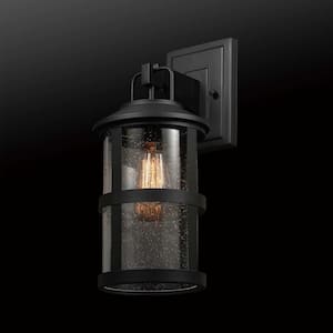 Penelope 1-Light Matte Black Hardwired Outdoor Indoor Wall Lantern Sconce with Seeded Glass Shade