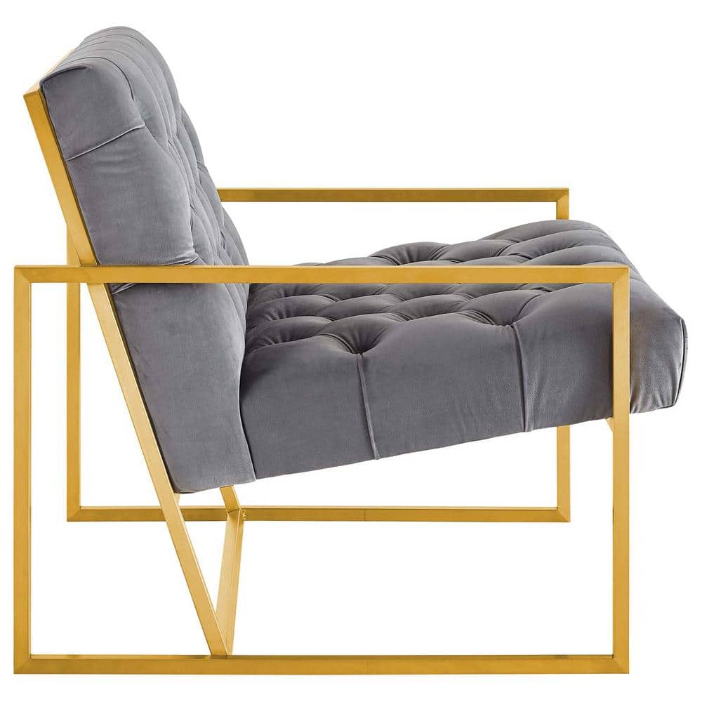 Gray Velvet Tufted Accent Chair with Metal Frame