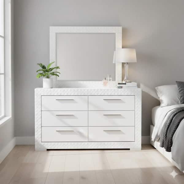 White 6 drawer 63 in Wide Dresser with Mirror