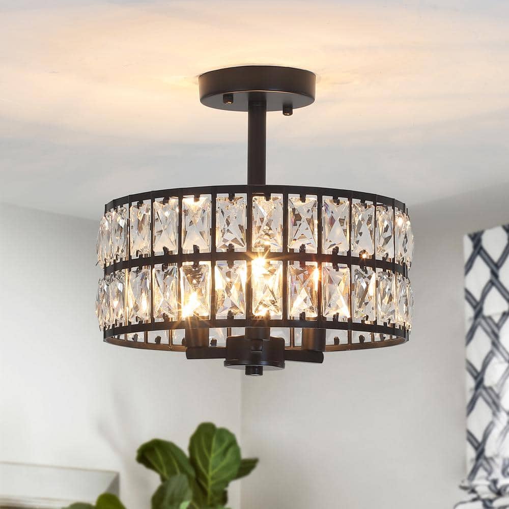 Black Metal and Crystal Drum Semi-Flush Mount Ceiling Light