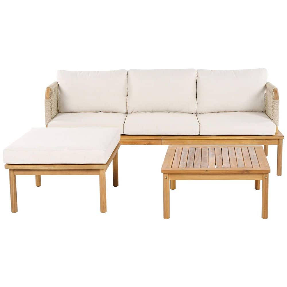 Teak Wood Rope Outdoor 3-piece Sectional Set with Beige Cushions price history on PriceWatchPro