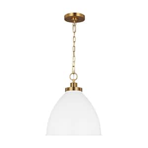 Wellfleet 15.625 in. W x 13.5 in. H 1-Light Matte White/Burnished Brass Medium Dome Pendant Light with Steel Shade