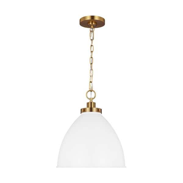Generation Lighting Wellfleet 15.625 in. W x 13.5 in. H 1-Light Matte White/Burnished Brass Medium Dome Pendant Light with Steel Shade
