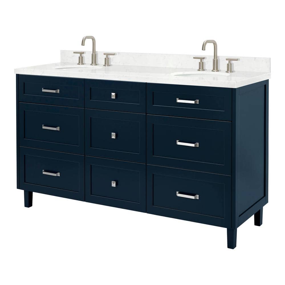 Monroe 66" Midnight Blue Double Sink Vanity with Carrara White Quartz Top