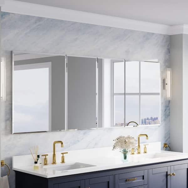 BEV 80 in. W x 30 in. H Rectangular Aluminum Tri-View Modular Medicine Cabinet with Beveled-Edge Mirror, BLUM Soft-Close