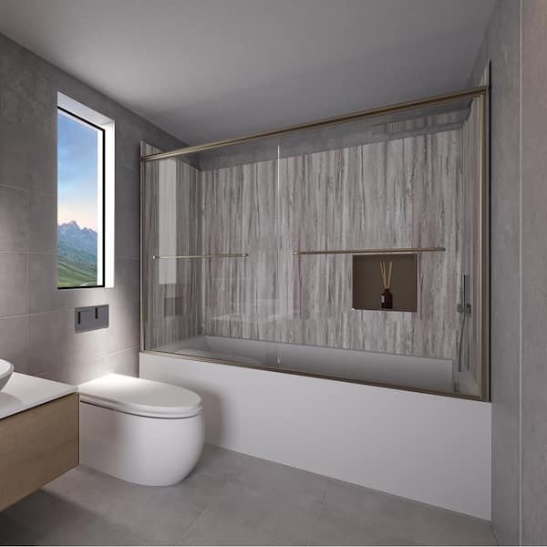 NuVo Driftwood-Rainier 60 in. L x 30 in. W x 83 in. H Rectangular Tub/ Shower Combo Unit in Brushed Nickel Right Drain