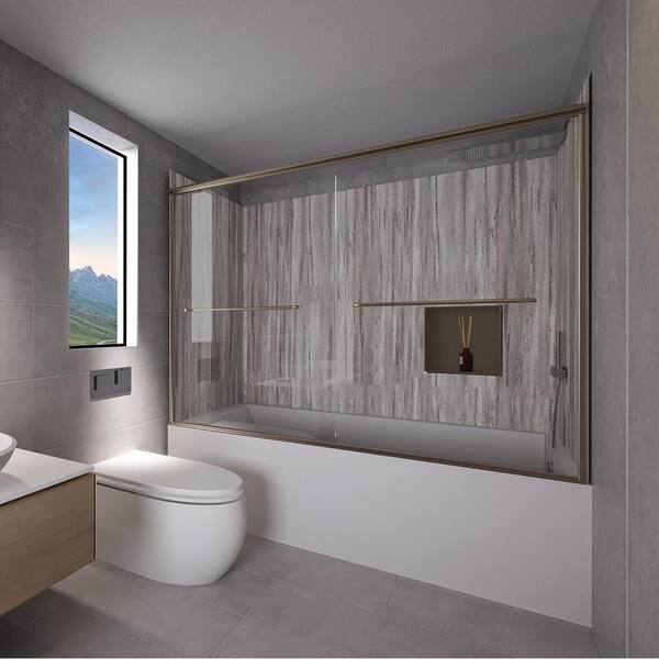 NuVo Driftwood-Rainier 60 in. x L 32 in. W x 83 in. H Rectangular Tub/ Shower Combo Unit in Brushed Nickel Right Drain