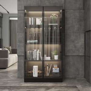 Black Wood Storage Cabinet Display Cabinet With Wine Cubes, Pop up Glass Doors, 3-Color LED Lights and Aluminum Framed