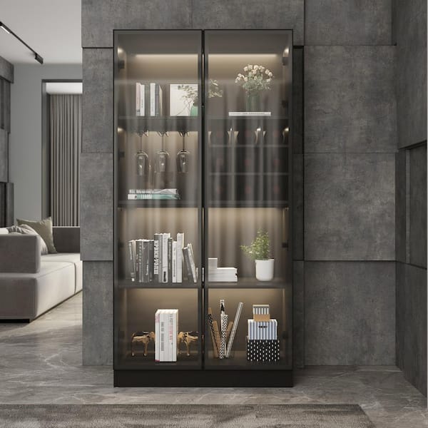 FUFU&GAGA Black Wood Storage Cabinet Display Cabinet With Wine Cubes, Pop up Glass Doors, 3-Color LED Lights and Aluminum Framed