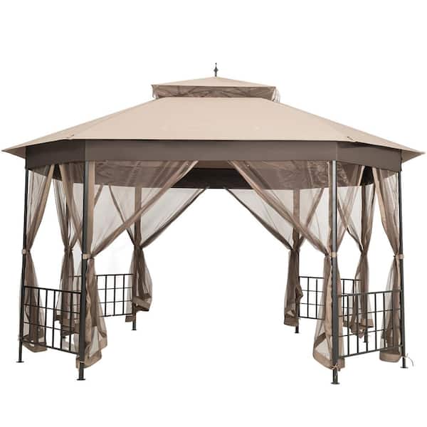 HONEY JOY 12 ft. x 10 ft. Brown Octagonal Canopy Tent Patio Gazebo Canopy Shelter with Mosquito Netting