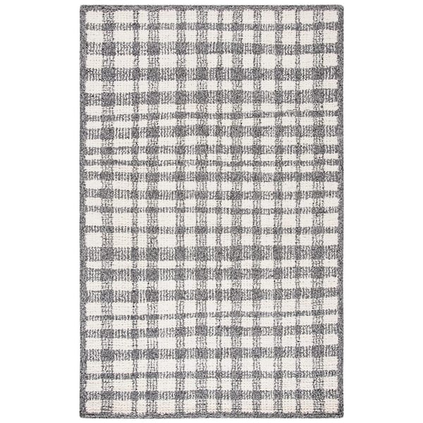 Abstract 2 ft. x 3 ft. Ivory/Black Border Plaid Area Rug