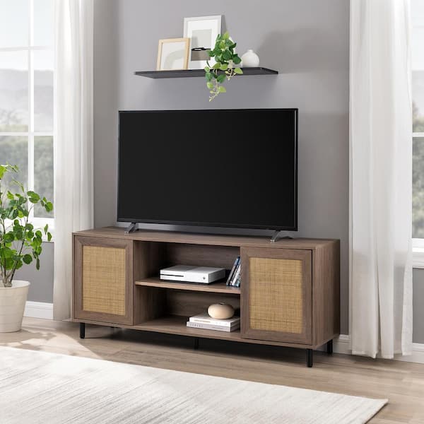 58 in. Driftwood Rattan and Wood Modern 2-Door TV Stand for TVs Up to 60 in.