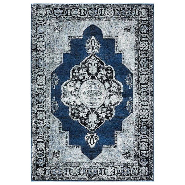 Vintage Hamadan Blue/Gray 8 ft. x 10 ft. Border Medallion Area Rug