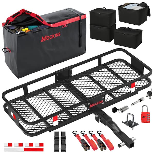 Mockins 500lb Capacity Rustproof Hitch Mount Cargo Carrier 48inx18inx6in + 15 Cu.ft Waterproof Cargo Bag and Packing Cubes, Red
