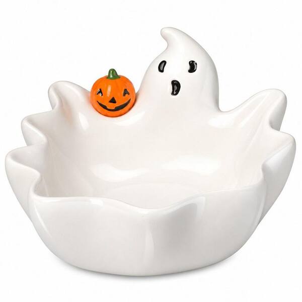 1-Piece 7 in. Halloween Candy Dish Holder, Ceramic Ghost Candy Bowl, Cookie Jar for Halloween Party Trick or Treat Decor