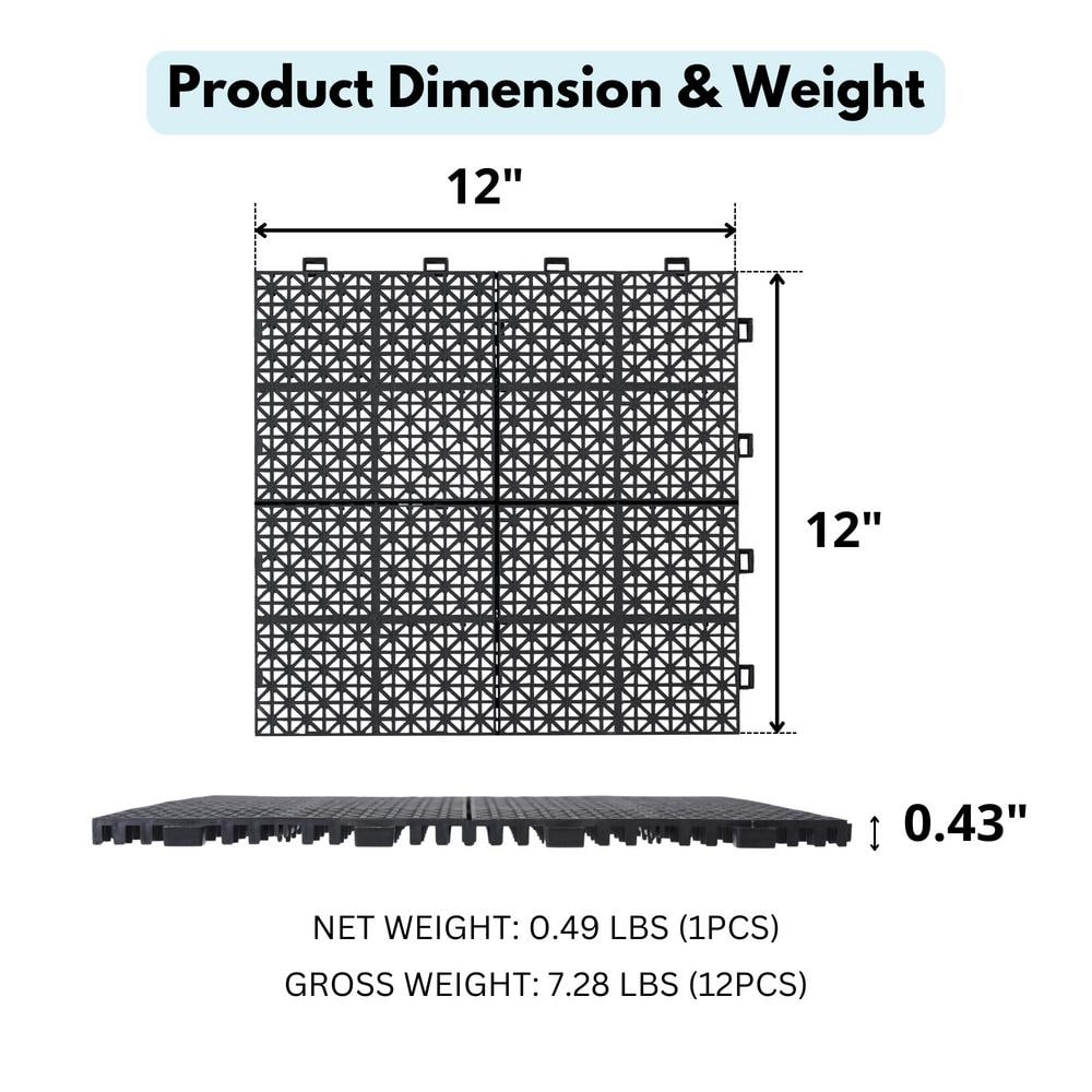 12 x 12 Inch Black Plastic Interlocking Waterproof Deck Tiles