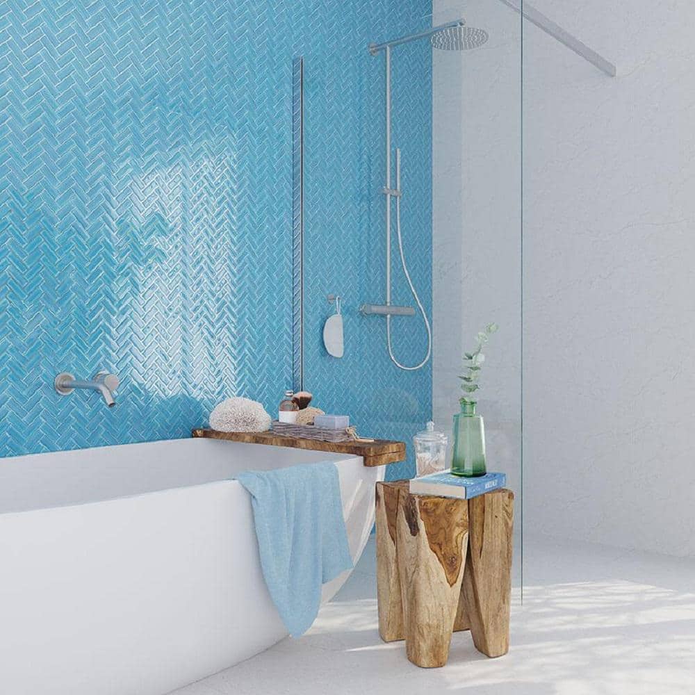 Sea Blue Herringbone Polished Glass Mosaic Tile 11" x 12.6"