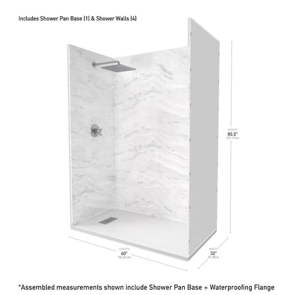 60 in. x 32 in. x 84 in. Alcove Solid Composite Stone Shower Kit - Sierra L Shower Walls and L/R WH Sand Shower Pan Base