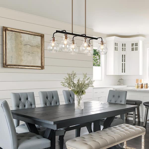 Zevni 28 in. 6-Light Modern Black Island Chandelier, Globe Clear