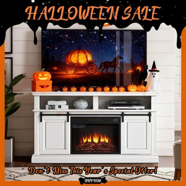 58 in. Freestanding Electric Fireplace TV Stand with Storage Space and Multifunctional Sliding Doors in Antique White