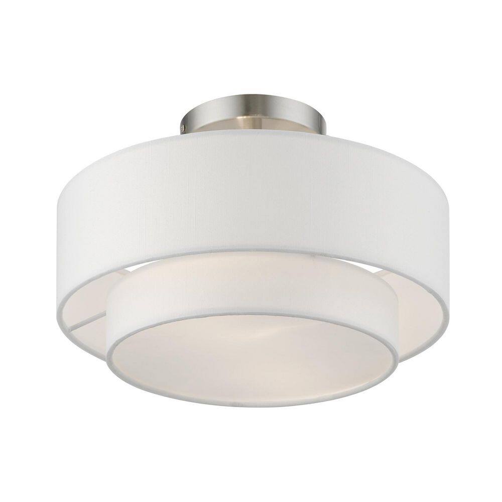Sleek Brushed Nickel 2-Light Semi-Flush Mount with Off-White Drum Shade