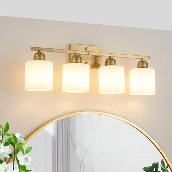25 in. W 4-Light Gold Vanity Light with Frosted Glass Shades, Up/Down Mount for Mirror, Hallway (NO Bulb Included)