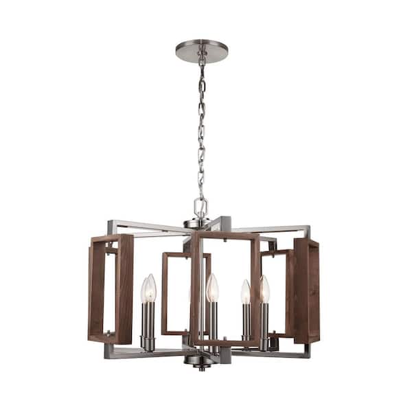 Home Decorators Collection Zurich 6-Light Brushed Nickel Chandelier with Wood Accents
