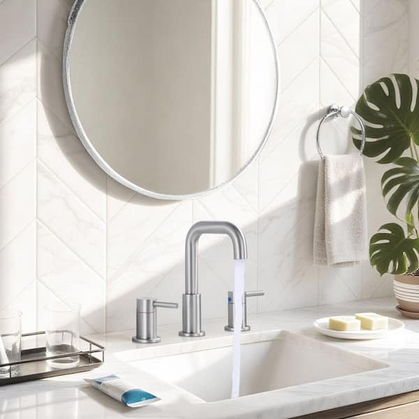 8 in. Widespread Double Handle Bathroom Basin Faucet with Drain Kit in Brushed Nickel