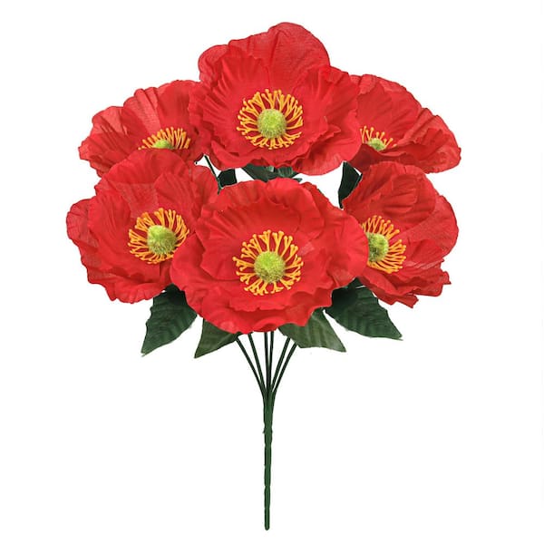 LIVING LUXURY 14 in. Red Artificial Poppy Flower Stem Bush Bouquet (Set of 12)