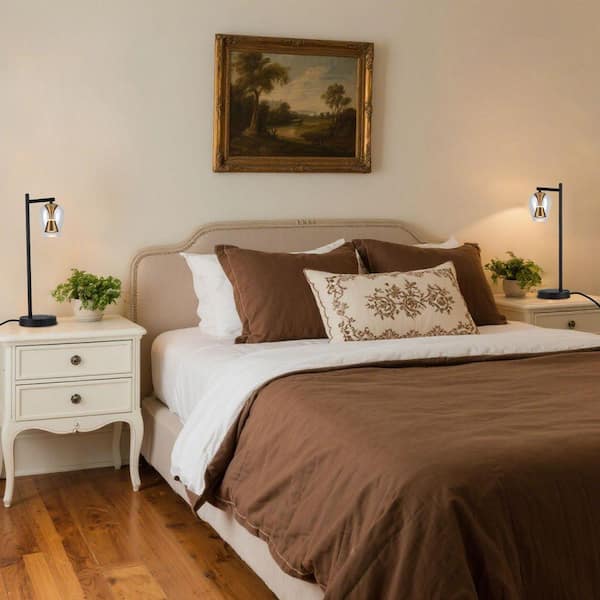 Set of 2, Elegance H80 in. Brass Accented Modern Integrated LED Bedside Table Lamp for bedroom with Clear Glass Shade