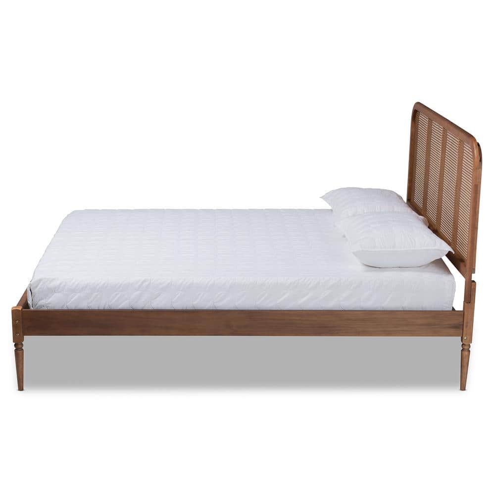 Queen Ash Walnut Wood Frame Platform Bed with Rattan Headboard