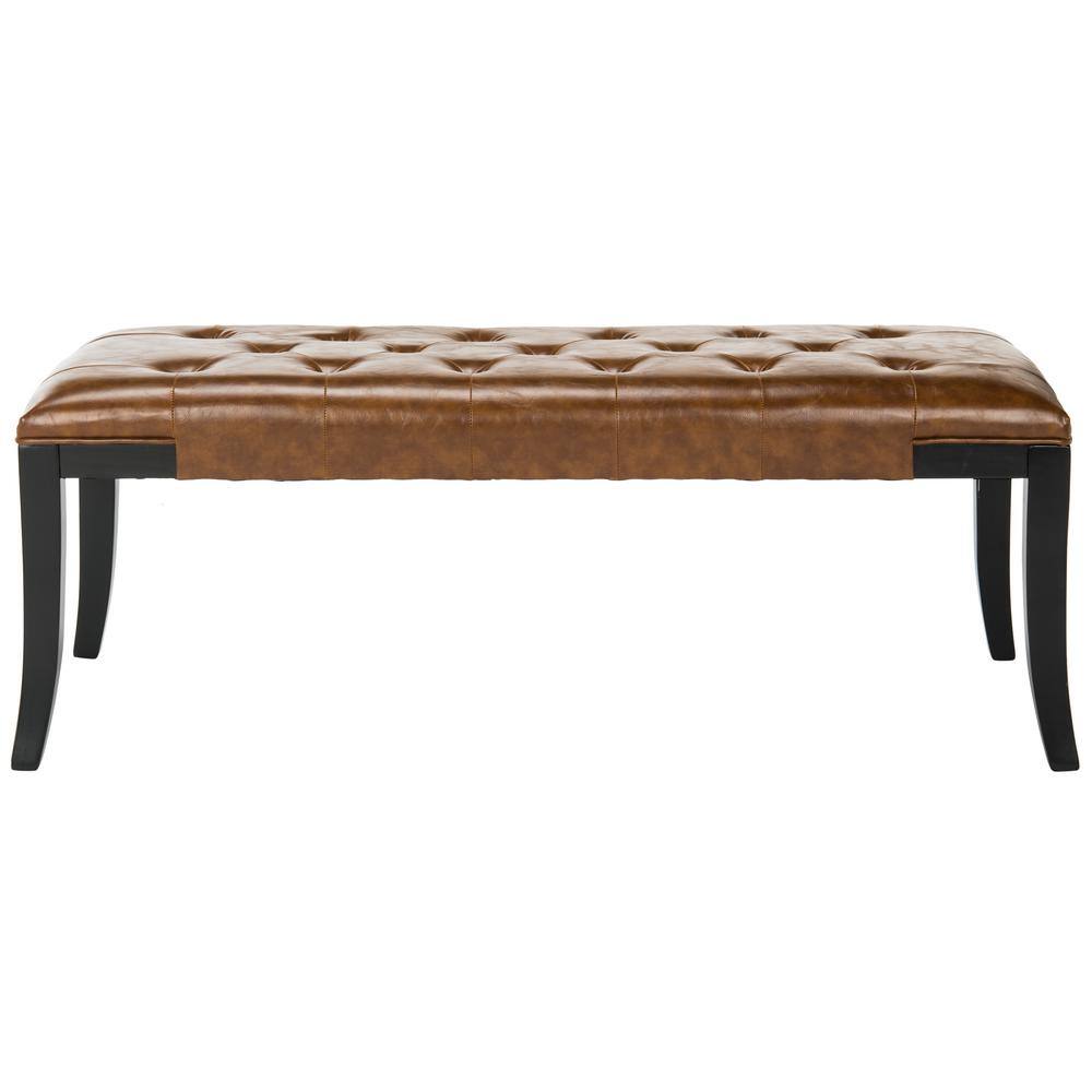 Saddle Leather and Black Beech Wood Tufted Bench