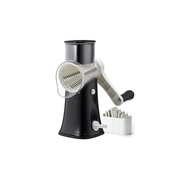 Black Rotary Cheese Grater with 5 Interchangeable Blades, Strong Suction Base, and Top Pusher Cup for Safe Use